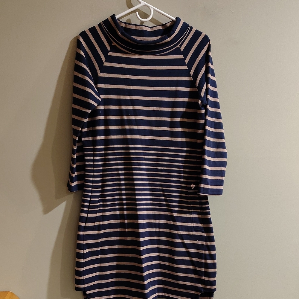 Hatley Navy/Tan  Striped Long Sleeve Women's Medium‎ Cotton Blend Dress